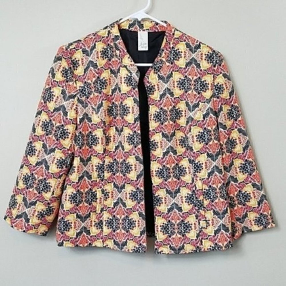 Lavender & Honey Colorful Print Open Front Jacket Size Medium Office Bold